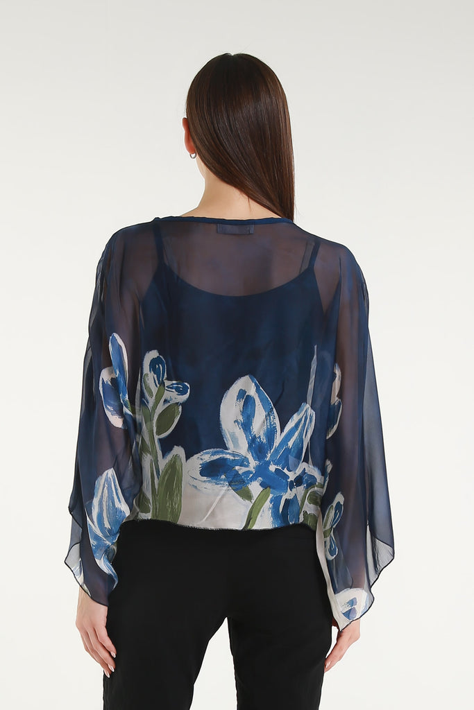 BQ200L 409 Navy Flower Sofita 3/4 Sleeve Cropped Silk Kaftan