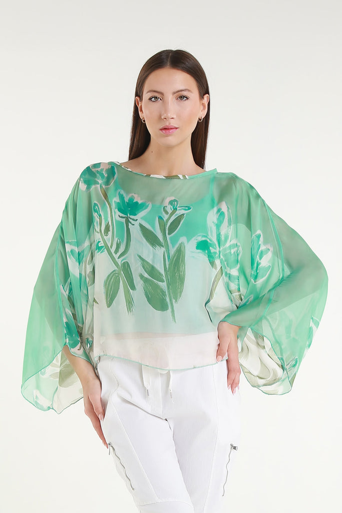 BQ200L 442 Aqua Flower Sofita 3/4 Sleeve Cropped Silk Kaftan