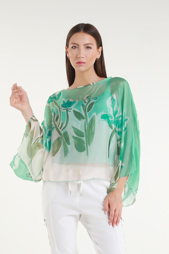 BQ200L 442 Aqua Flower Sofita 3/4 Sleeve Cropped Silk Kaftan