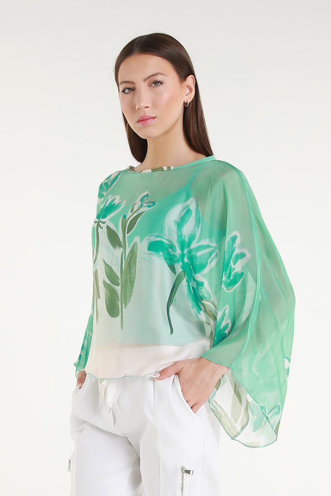 BQ200L 442 Aqua Flower Sofita 3/4 Sleeve Cropped Silk Kaftan
