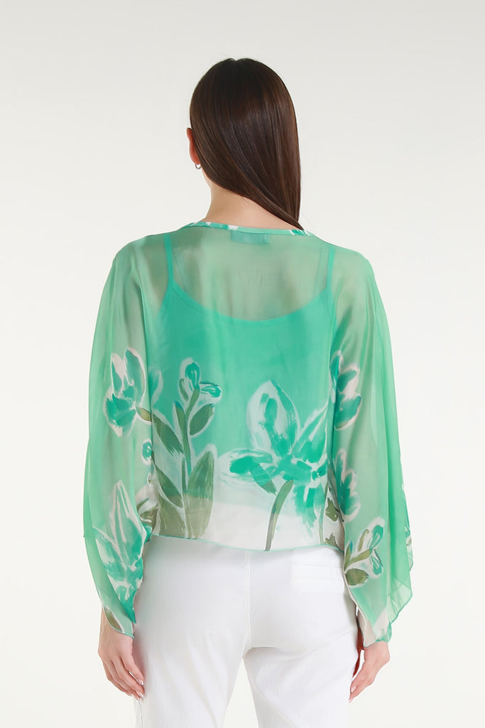 BQ200L 442 Aqua Flower Sofita 3/4 Sleeve Cropped Silk Kaftan