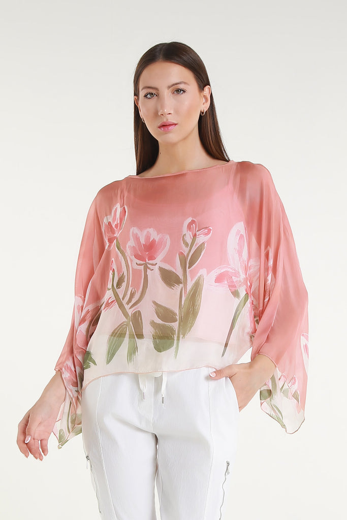 BQ200L 681 Blush Flower Sofita 3/4 Sleeve Cropped Silk Kaftan