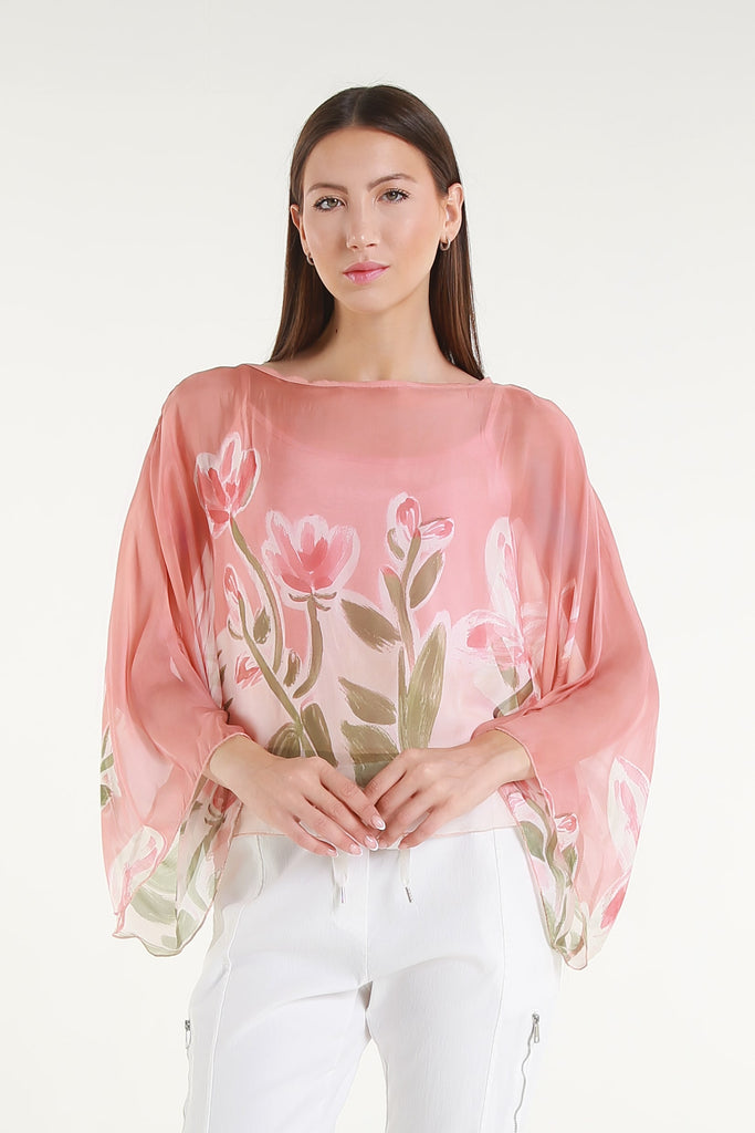 BQ200L 681 Blush Flower Sofita 3/4 Sleeve Cropped Silk Kaftan