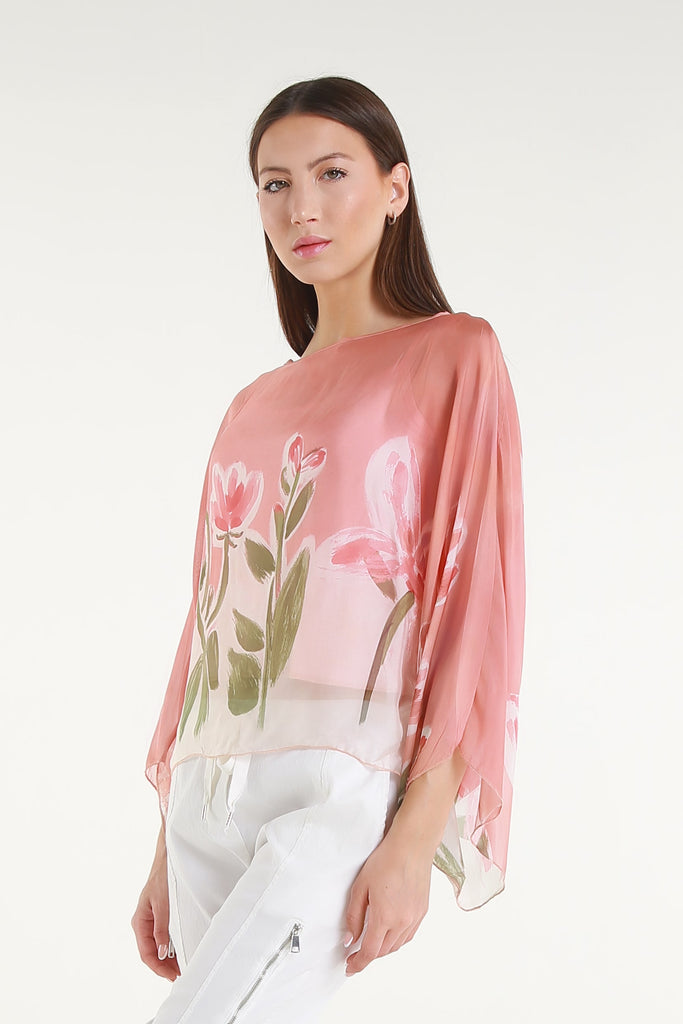 BQ200L 681 Blush Flower Sofita 3/4 Sleeve Cropped Silk Kaftan