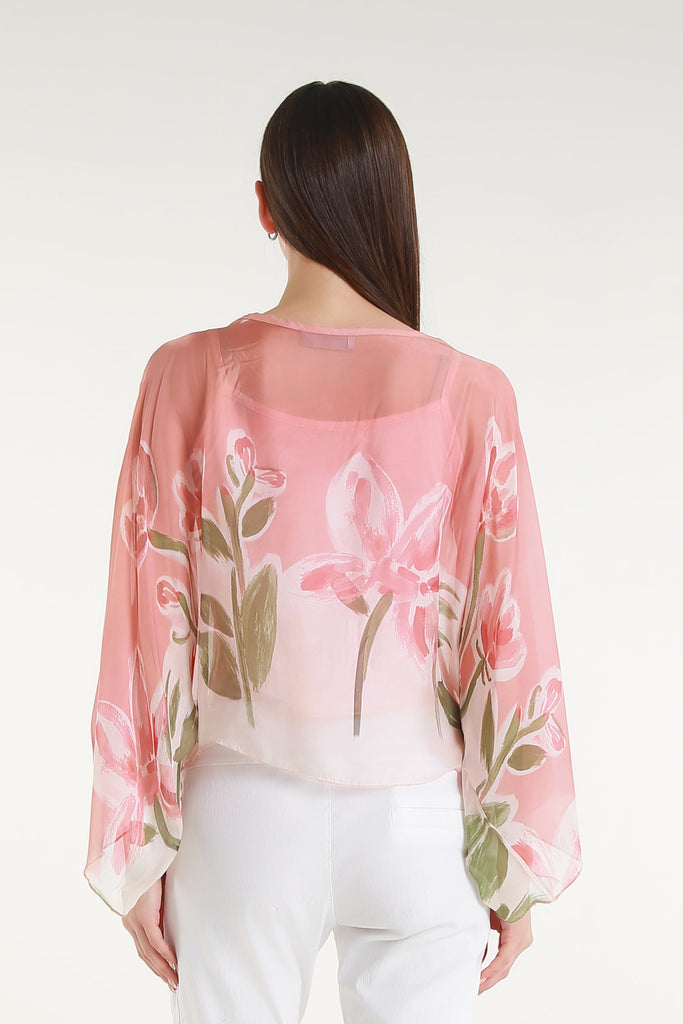 BQ200L 681 Blush Flower Sofita 3/4 Sleeve Cropped Silk Kaftan