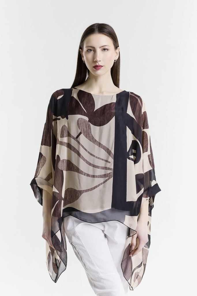 BQ201GL 001 Black Geo Leaves Sofia 3/4 Slv Silk Kaftan-1