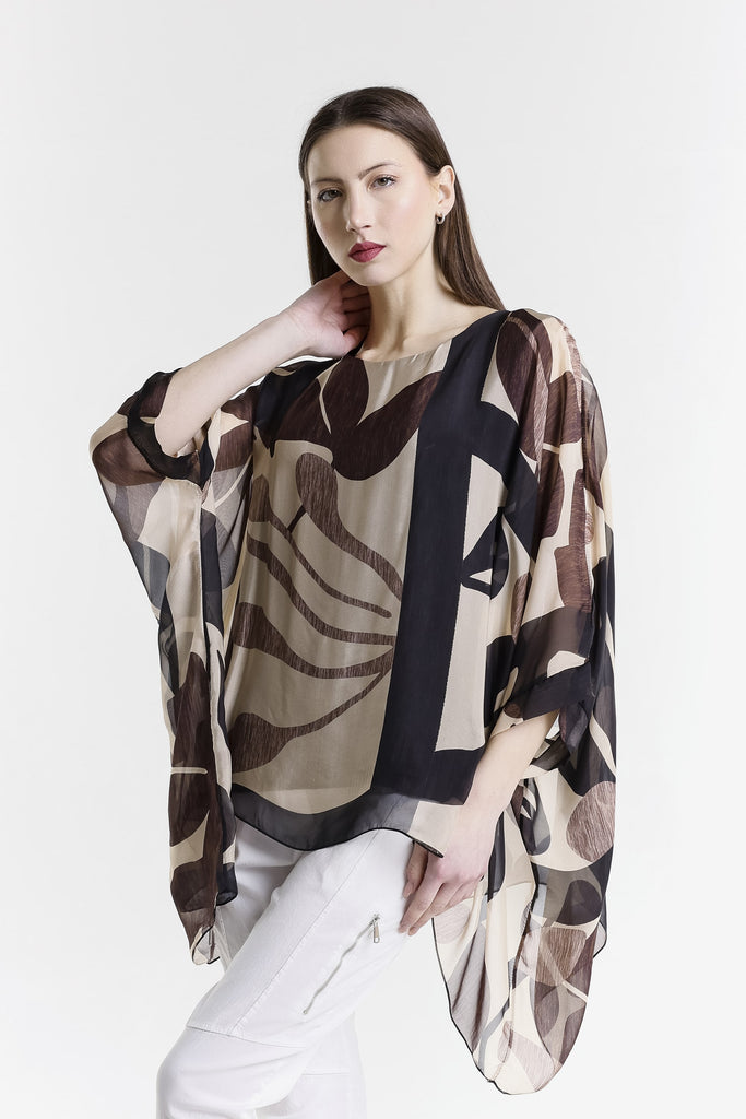 BQ201GL 001 Black Geo Leaves Sofia 3/4 Slv Silk Kaftan-3