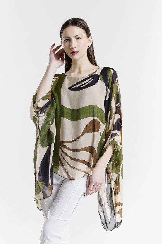 BQ201GL 303 Army Geo Leaves Sofia 3/4 Slv Silk Kaftan-1