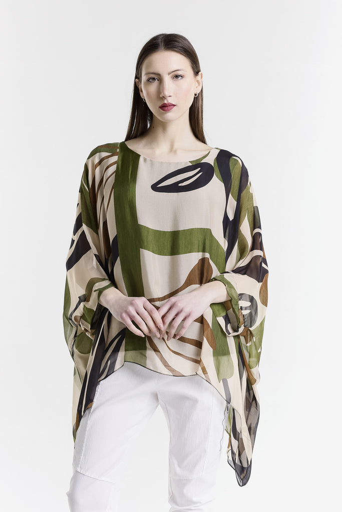 BQ201GL 303 Army Geo Leaves Sofia 3/4 Slv Silk Kaftan-2