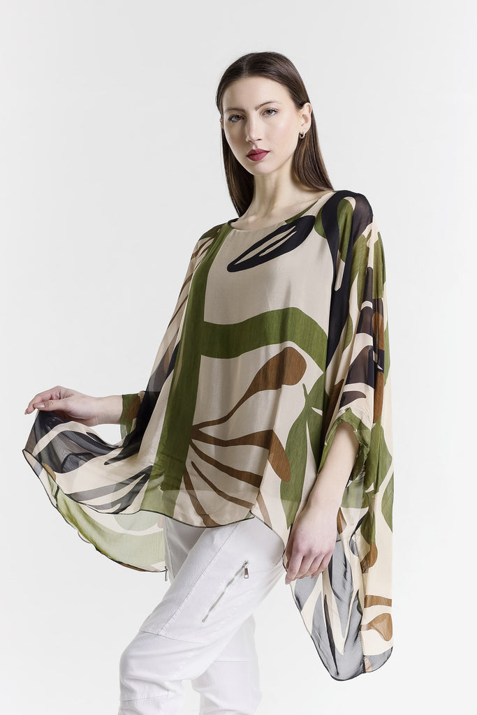 BQ201GL 303 Army Geo Leaves Sofia 3/4 Slv Silk Kaftan-3