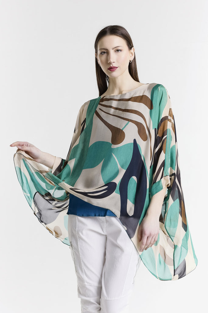 BQ201GL 323 Teal Geo Leaves Sofia 3/4 Slv Silk Kaftan-1