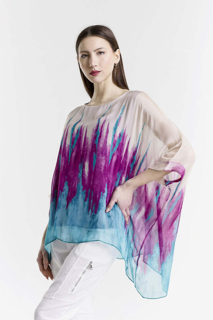 BQ201PD 500 Purple Paint Drip Sofia 3/4 Slv Silk Kaftan-3