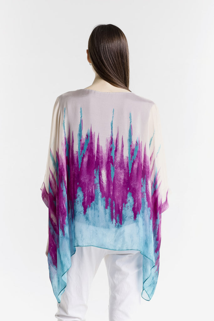 BQ201PD 500 Purple Paint Drip Sofia 3/4 Slv Silk Kaftan-4