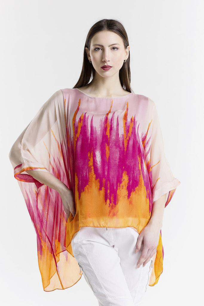 BQ201PD 672 Fuchsia Paint Drip Sofia 3/4 Slv Silk Kaftan-1