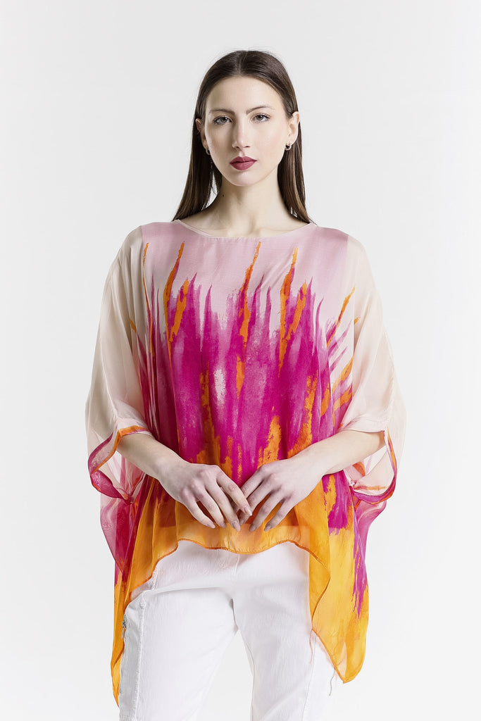 BQ201PD 672 Fuchsia Paint Drip Sofia 3/4 Slv Silk Kaftan-2