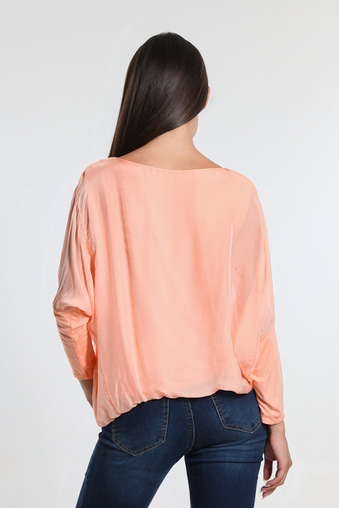 BQ206-696 Peach Rosa 3/4 Sleeve Silk Banded Blouse