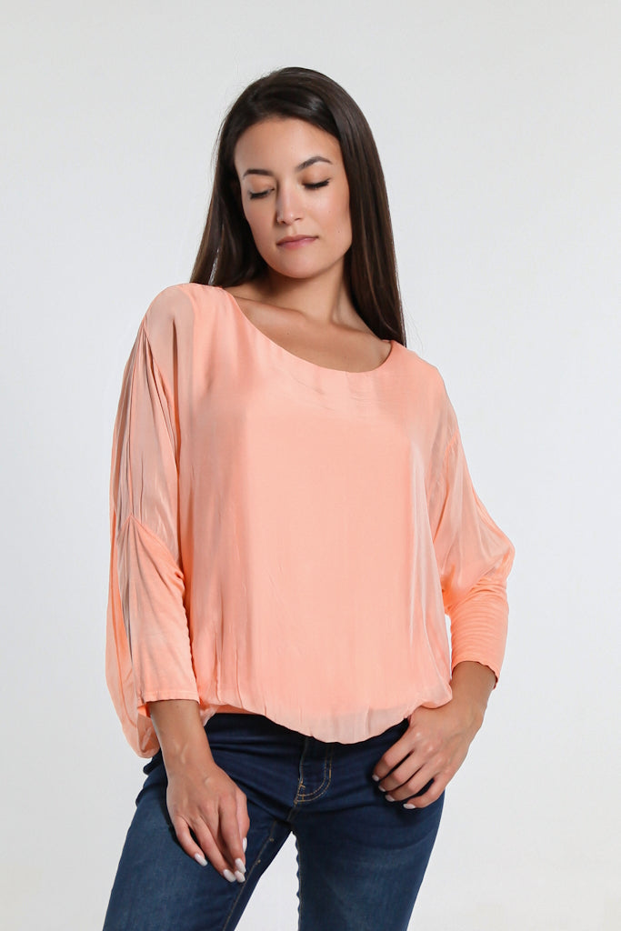 BQ206-696 Peach Rosa 3/4 Sleeve Silk Banded Blouse