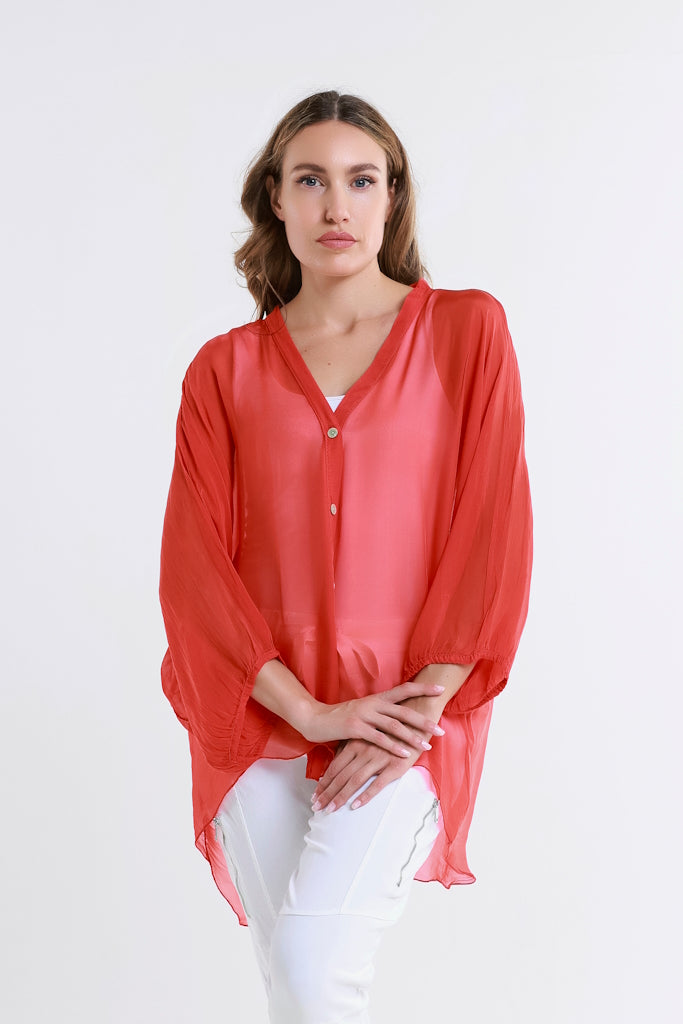 BQ208-600 Red Viola Silk Button Front Blouse