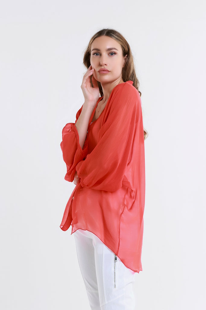 BQ208-600 Red Viola Silk Button Front Blouse