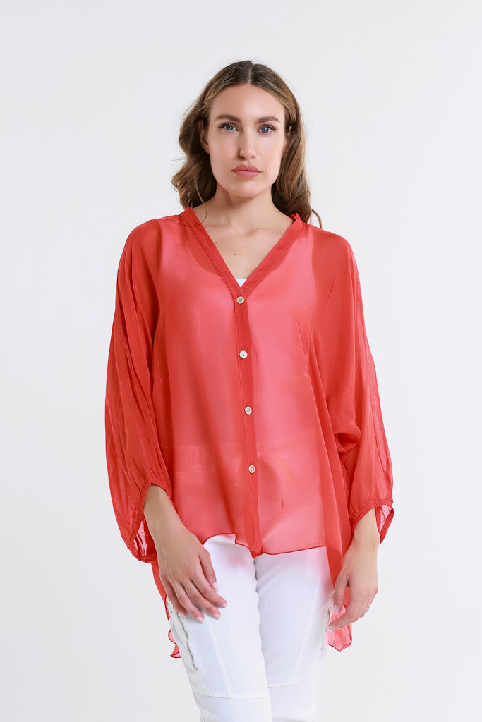 BQ208-600 Red Viola Silk Button Front Blouse
