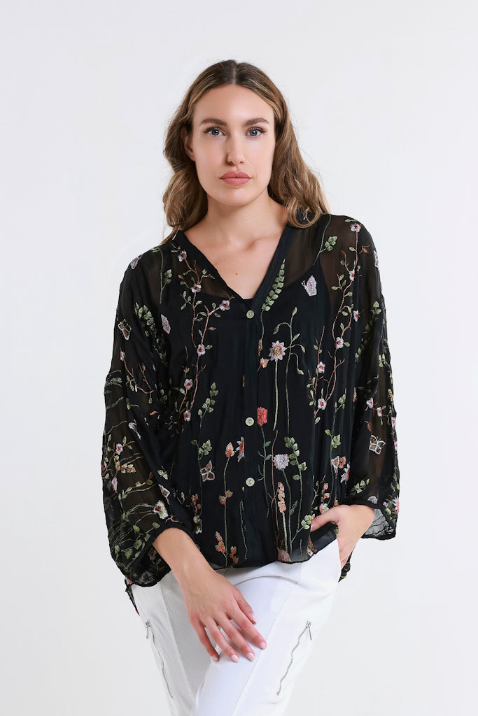 BQ208G-001 Black Garden Viola 3/4 Slv Silk Emb Button Front Blouse 