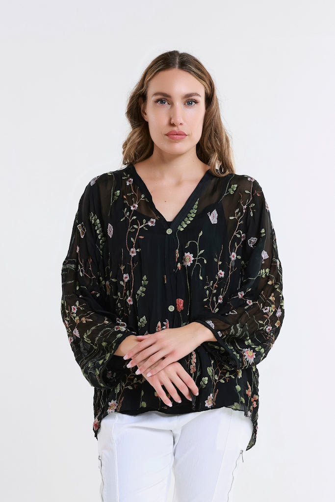 BQ208G-001 Black Garden Viola 3/4 Slv Silk Emb Button Front Blouse 