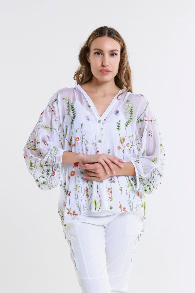 BQ208G-100 White Garden Viola 3/4 Slv Silk Emb Button Front Blouse 