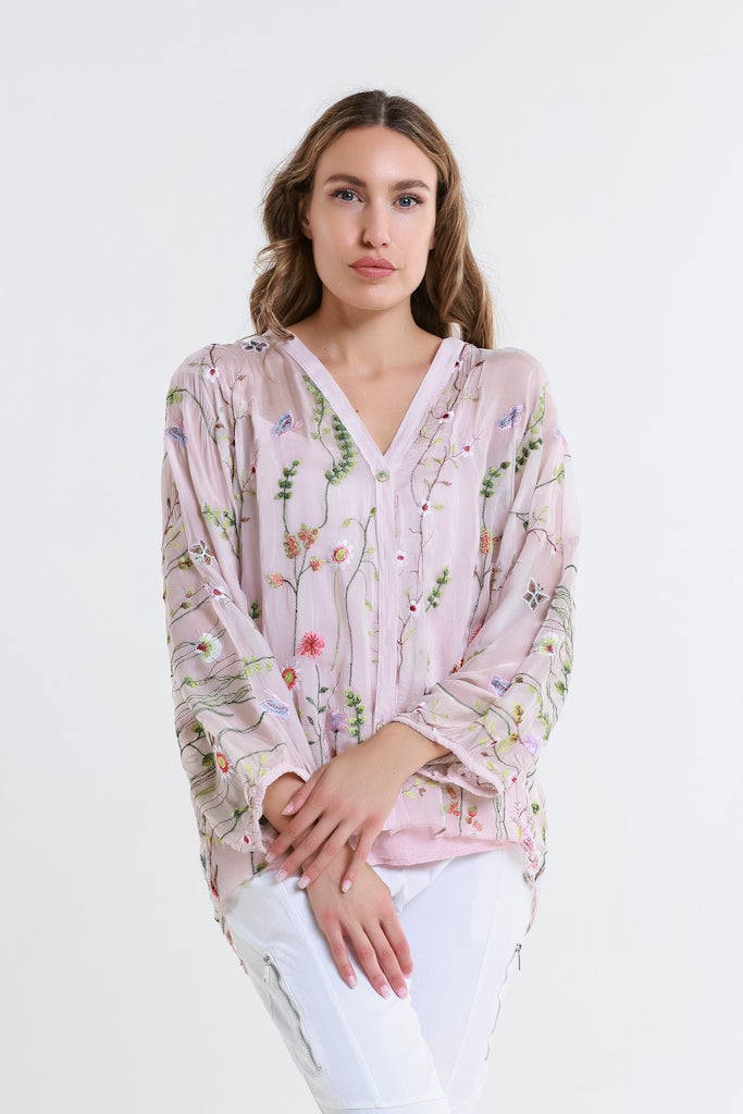 BQ208G-681 Blush Garden Viola 3/4 Slv Silk Emb Button Front Blouse 