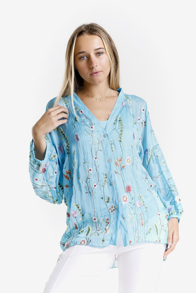 BQ208G 440 Turq Garden Viola 3/4 Slv Silk Emb Button Front Blouse w/ Cami