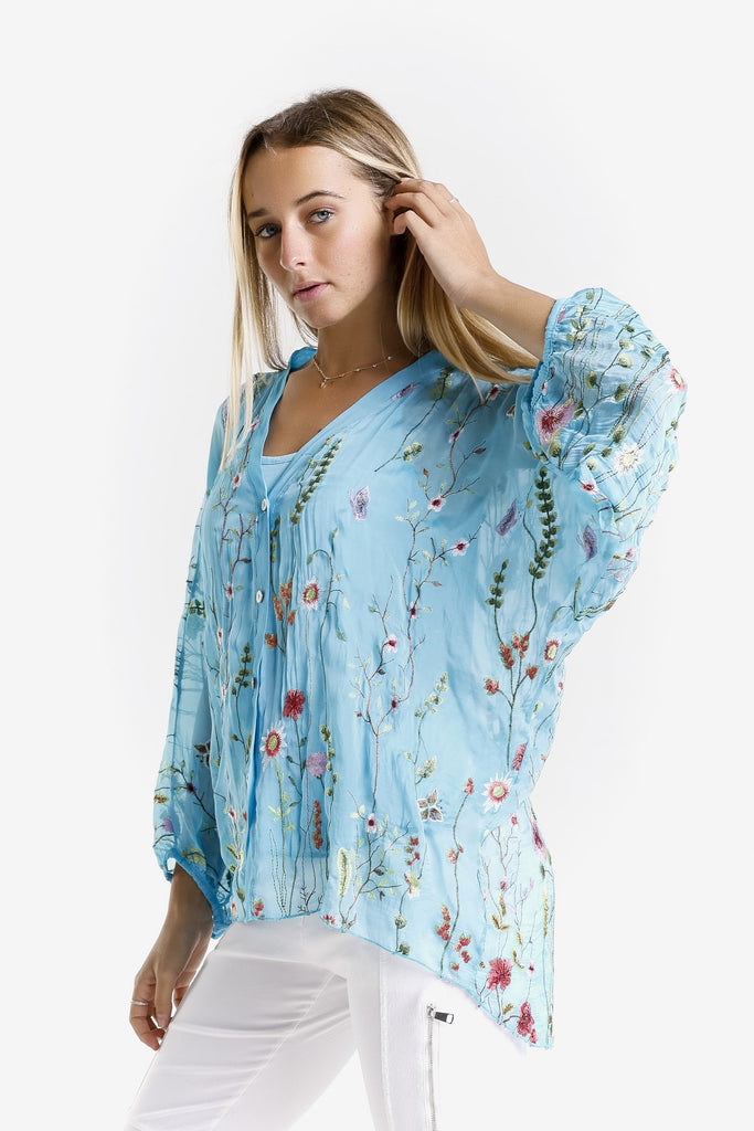 BQ208G 440 Turq Garden Viola 3/4 Slv Silk Emb Button Front Blouse w/ Cami
