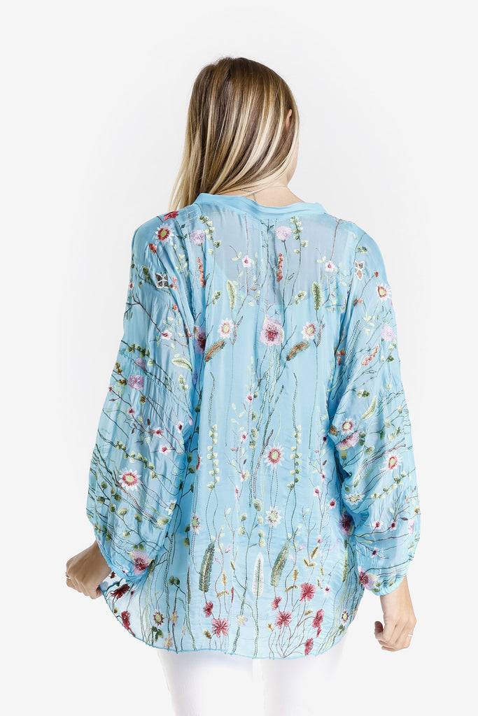 BQ208G 440 Turq Garden Viola 3/4 Slv Silk Emb Button Front Blouse w/ Cami