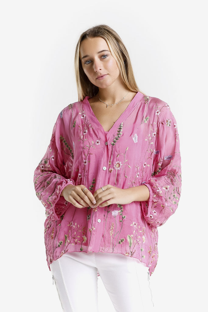 BQ208G 672 Fuchsia Garden Viola 3/4 Slv Silk Emb Button Front Blouse w/ Cami