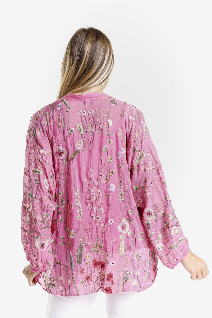 BQ208G 672 Fuchsia Garden Viola 3/4 Slv Silk Emb Button Front Blouse w/ Cami
