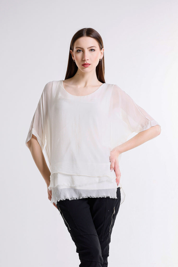 BQ209 105 Cream Adriana 3/4 Slv Silk Double Raw Edge Top