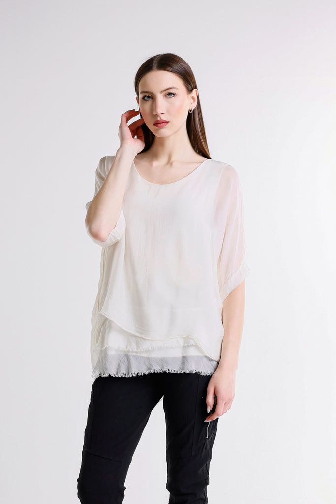 BQ209 105 Cream Adriana 3/4 Slv Silk Double Raw Edge Top