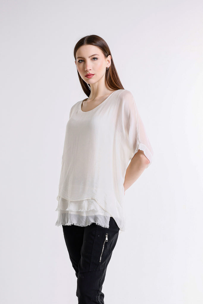 BQ209 105 Cream Adriana 3/4 Slv Silk Double Raw Edge Top