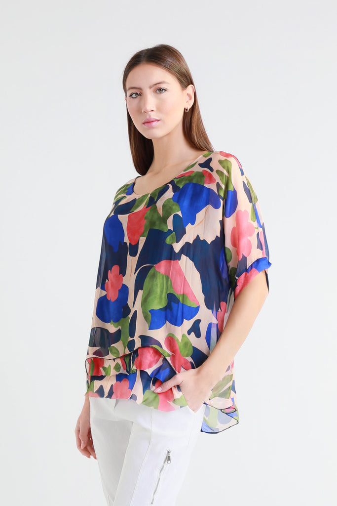 BQ209M 409 Navy Matisse Adriana 3/4 Slv Silk Double Raw Edge Top