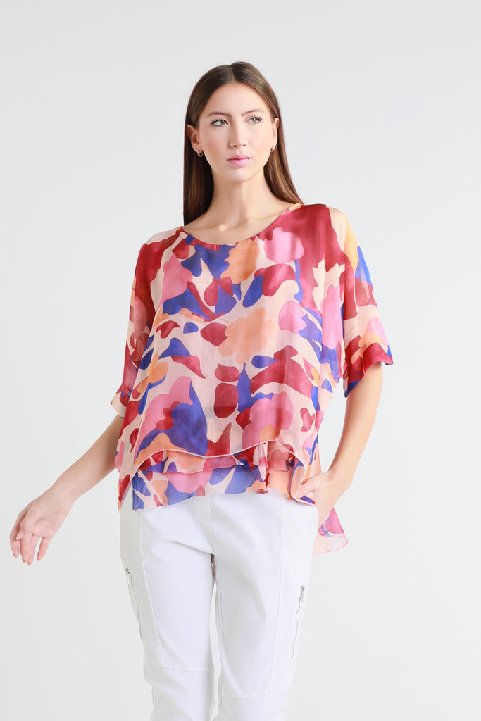 BQ209M 650 Pink Matisse Adriana 3/4 Slv Silk Double Raw Edge Top