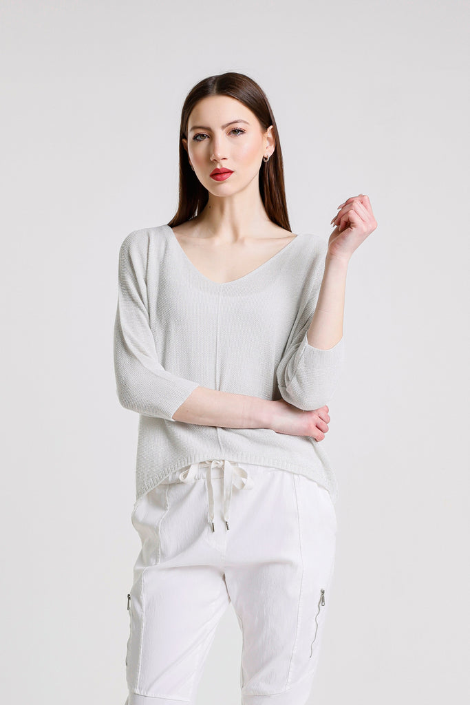 BQ243P 100 White Sparkle Brielle 3/4 Slv V-Neck Top