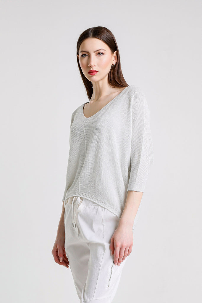 BQ243P 100 White Sparkle Brielle 3/4 Slv V-Neck Top