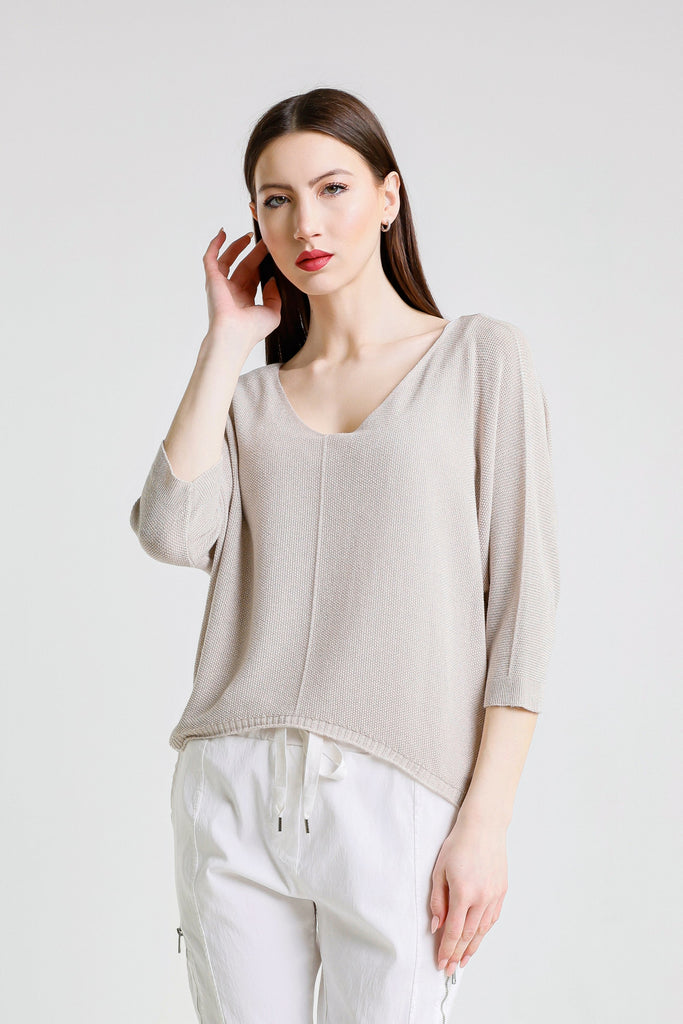 BQ243P 250 Beige Sparkle Brielle 3/4 Slv V-Neck Top