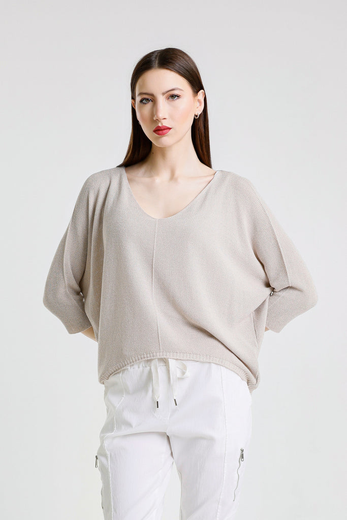 BQ243P 250 Beige Sparkle Brielle 3/4 Slv V-Neck Top