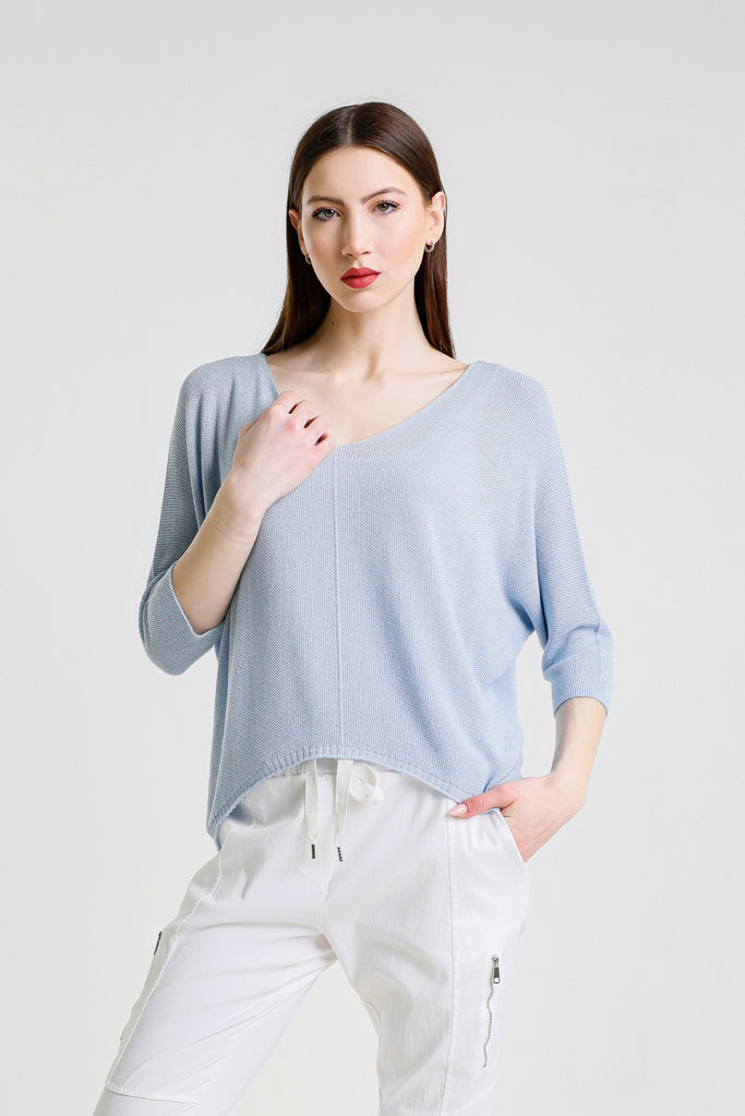 BQ243P 428 Celestial Blue Sparkle Brielle 3/4 Slv V-Neck Top