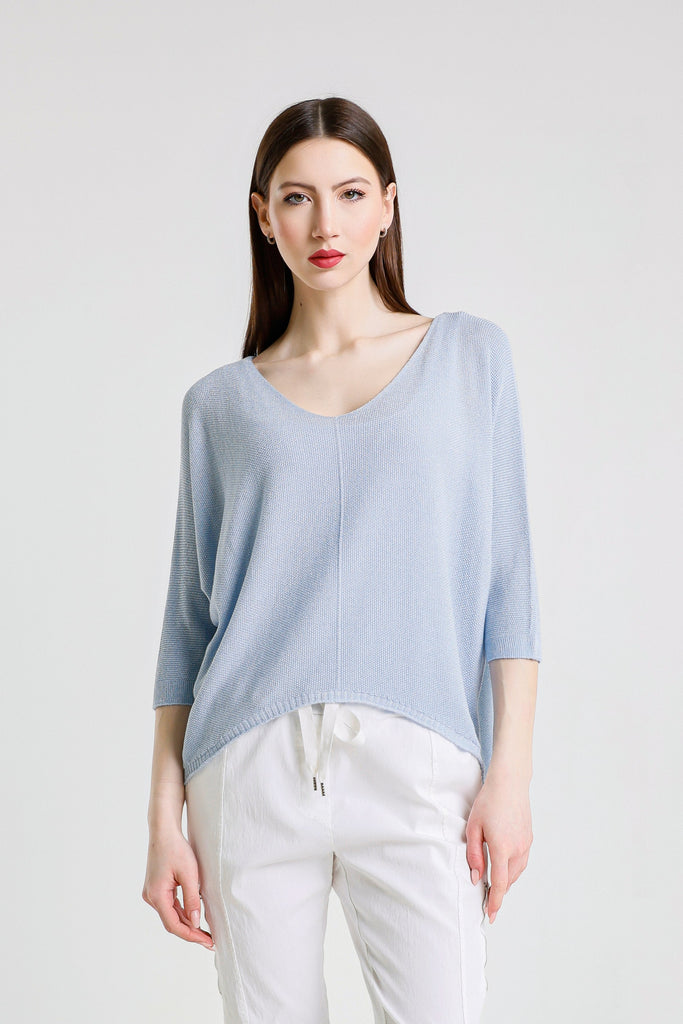 BQ243P 428 Celestial Blue Sparkle Brielle 3/4 Slv V-Neck Top