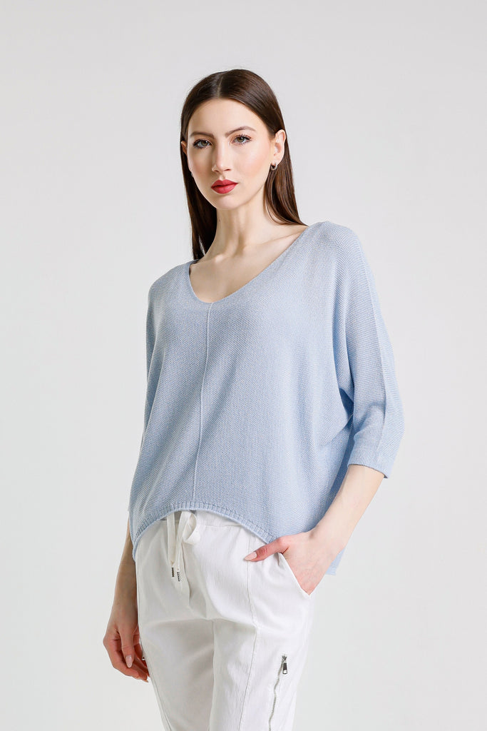 BQ243P 428 Celestial Blue Sparkle Brielle 3/4 Slv V-Neck Top