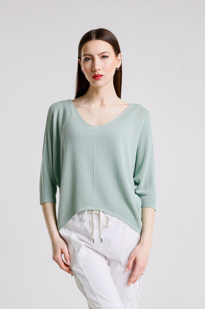 BQ243P 442 Aqua Sparkle Brielle 3/4 Slv V-Neck Top