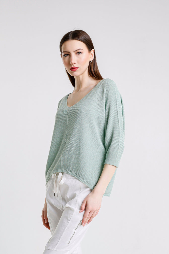 BQ243P 442 Aqua Sparkle Brielle 3/4 Slv V-Neck Top