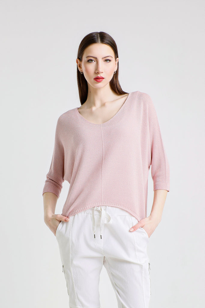 BQ243P 681 Blush Sparkle Brielle 3/4 Slv V-Neck Top