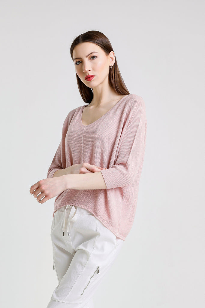 BQ243P 681 Blush Sparkle Brielle 3/4 Slv V-Neck Top