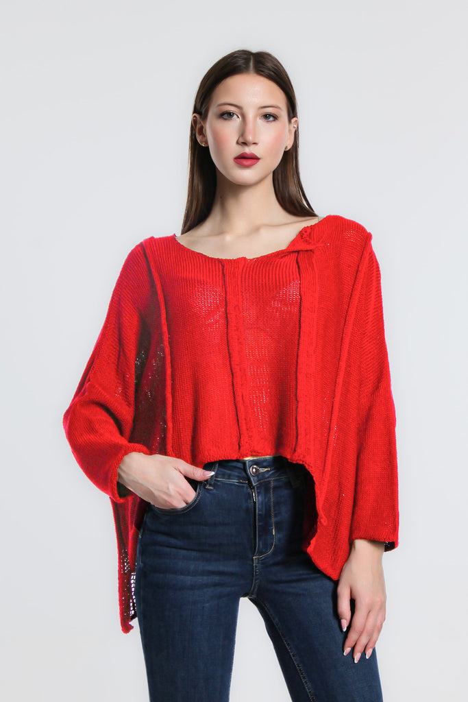 BQ905 600 Red Amani 3/4 Slv Cotton/Acrylic Crop Sweater